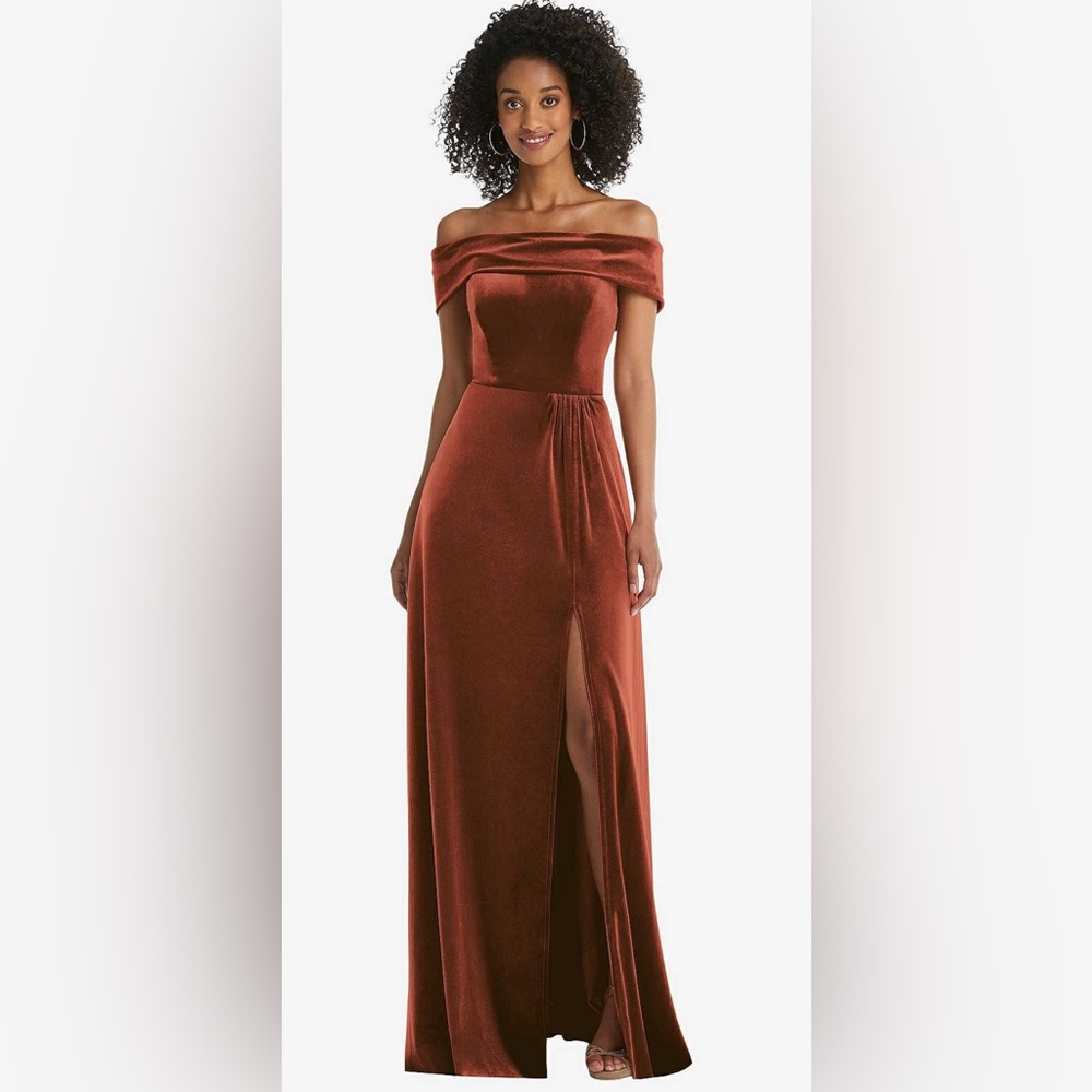 DRAPED CUFF OFF-THE-SHOULDER VELVET MAXI DRESS WITH POCKETS IN AUBURN MOON$215